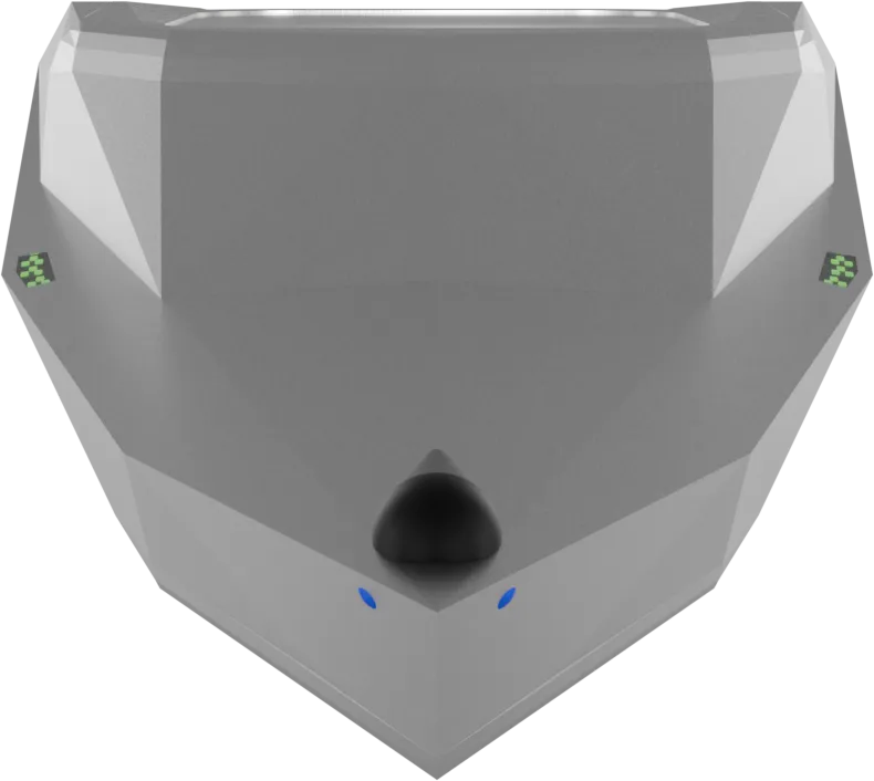 Head-on render of Mobula's bow showing the forward dome and a blue camera aperture either side of it