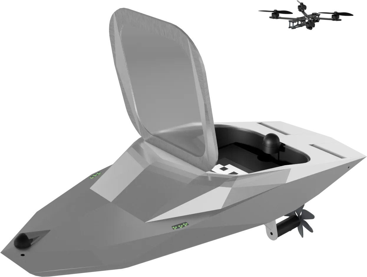 Render of Mobula on the surface with the bay hatch raised and the quadcopter airborne just off the deck
