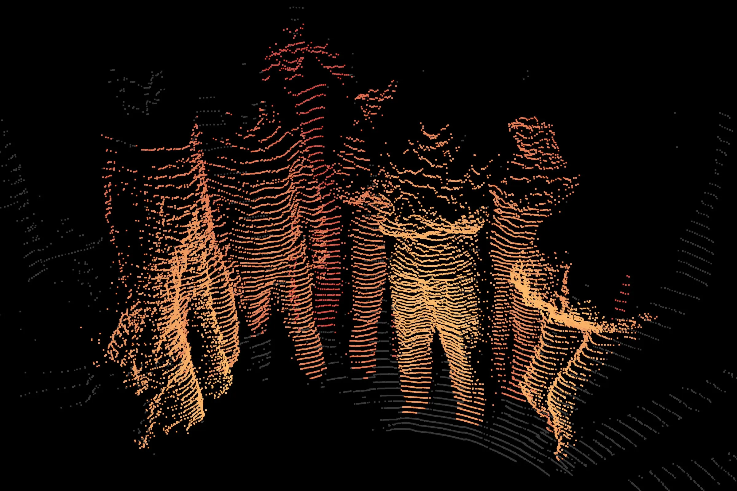 Dense lidar point cloud of Mobula team members standing around a table, in orange and yellow tones on black